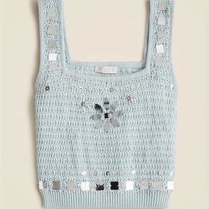 NWT J.Crew Soft Blue Sweater-tank with hand-embellished mirrors S